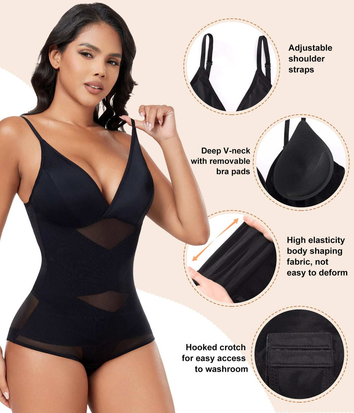 Body modelator sculptant burtică fără cusături Niwicee cu bretele reglabile – Negru L