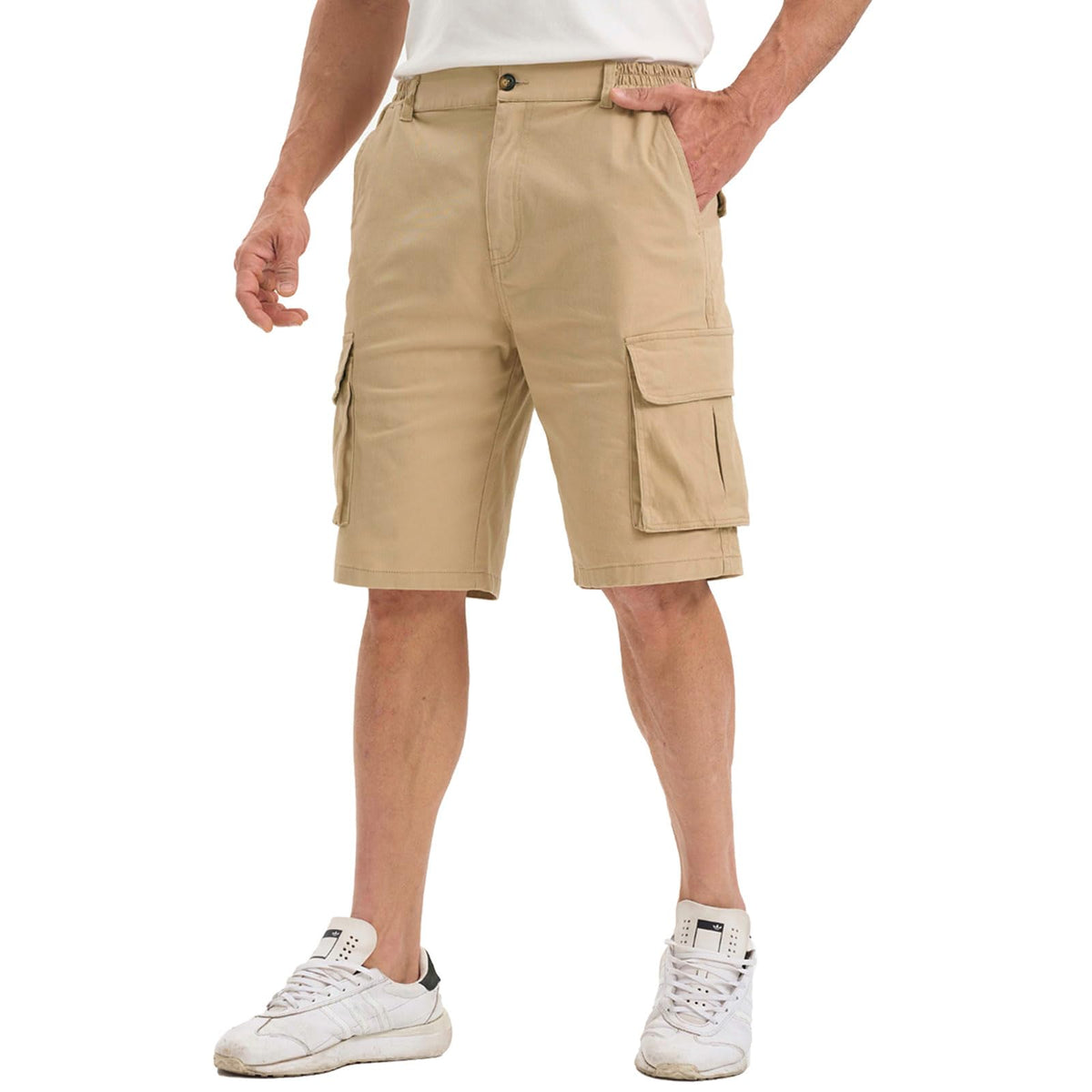 Men's Cargo Shorts Cotton Chino Casual with Pockets Elastic Waist – Grey-Brown L