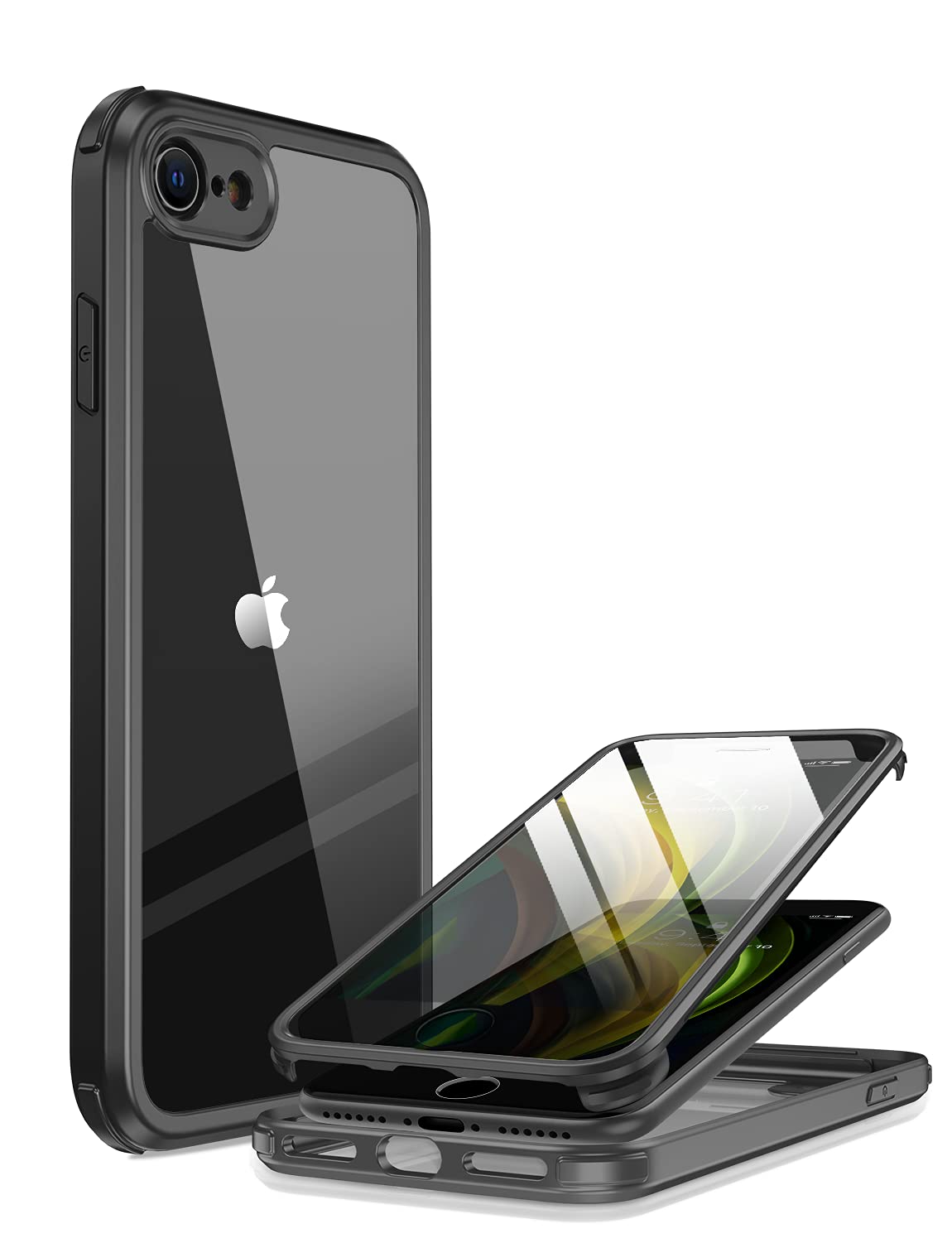 Husă de protecție completă 360 cu folie de sticlă integrată Miracase pentru iPhone SE/8 – Negru