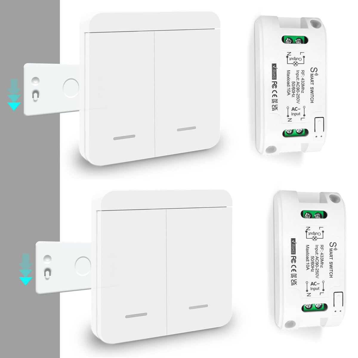 Tedeligo wireless light switch set, removable wireless wall switch transmitter, 100 m wireless control range for lighting devices up to 2300 W, no wiring required, white wireless switch