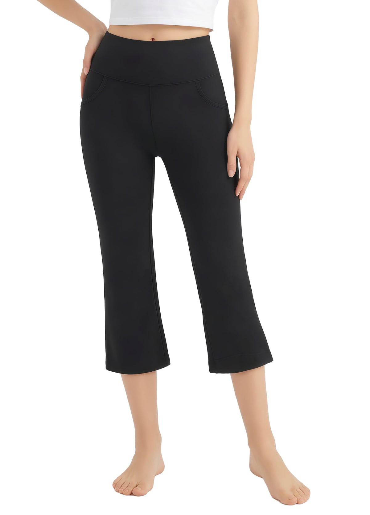 Women's Cotton Capri Yoga Pants Flared 3/4 Bootcut Leggings with Pockets – Black XXL