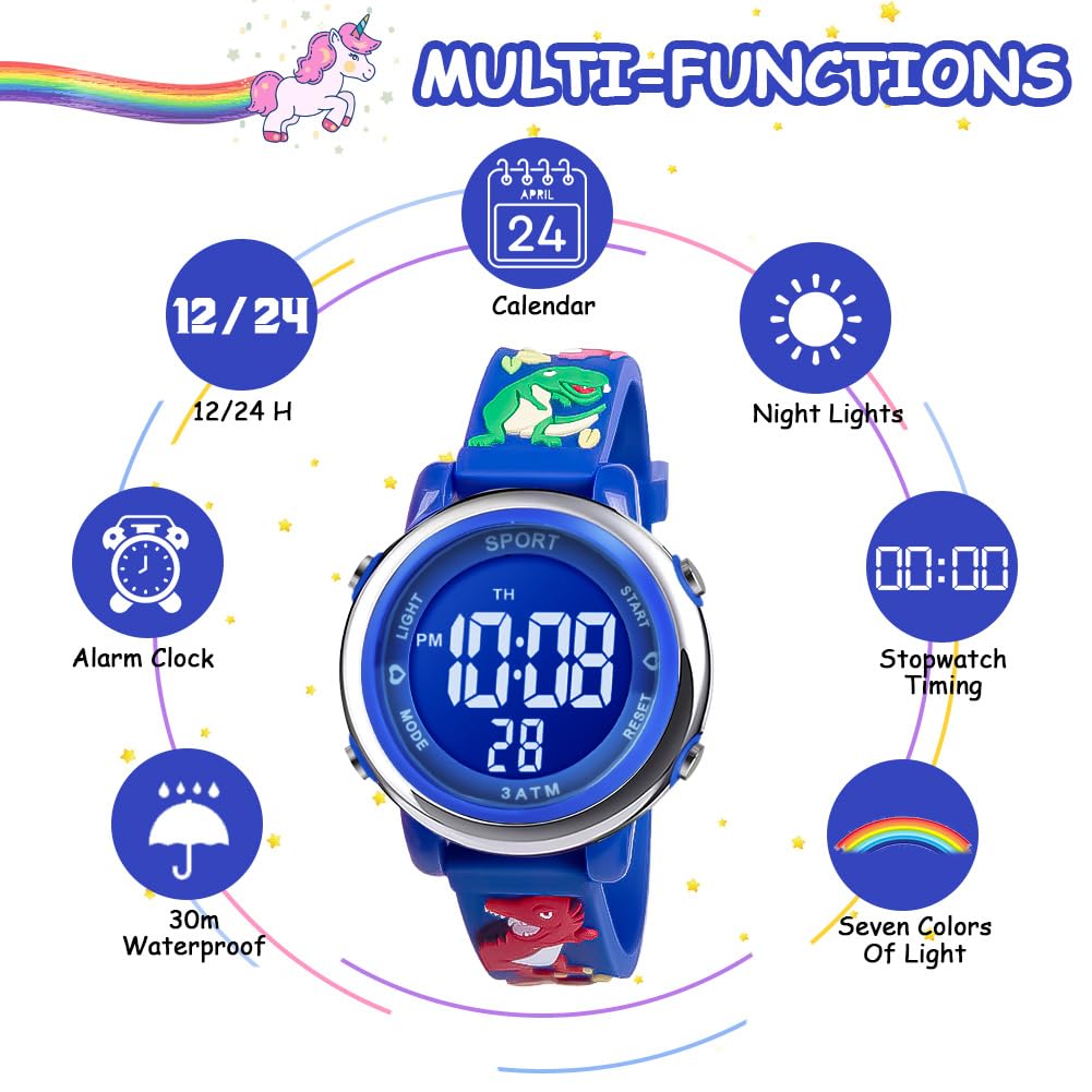 Children's Digital Watch Waterproof with Alarm & Stopwatch – Dinosaur Dark Blue