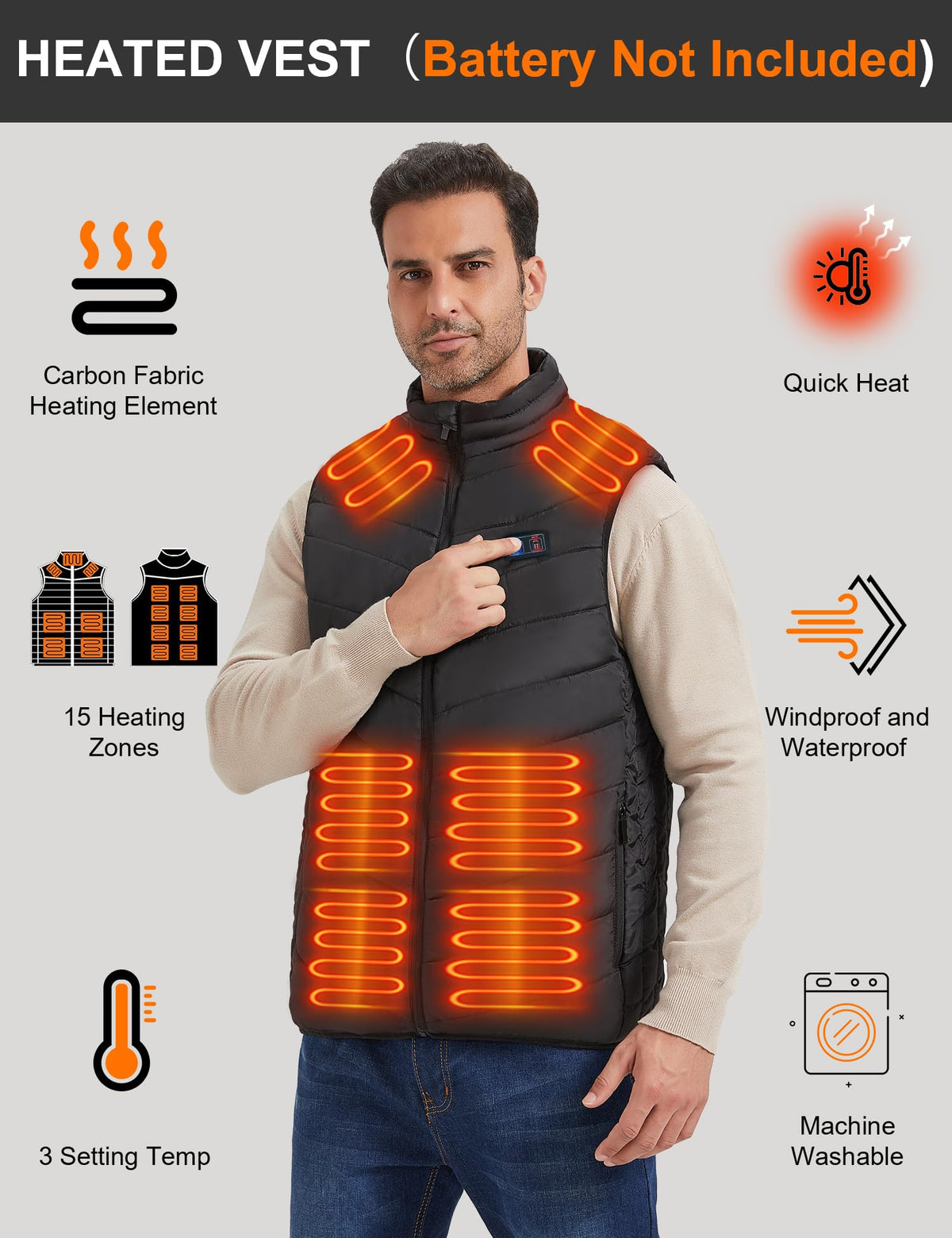 Heated Vest with 15 Heating Pads for Men and Women – Body Warmer for Cycling/Skiing