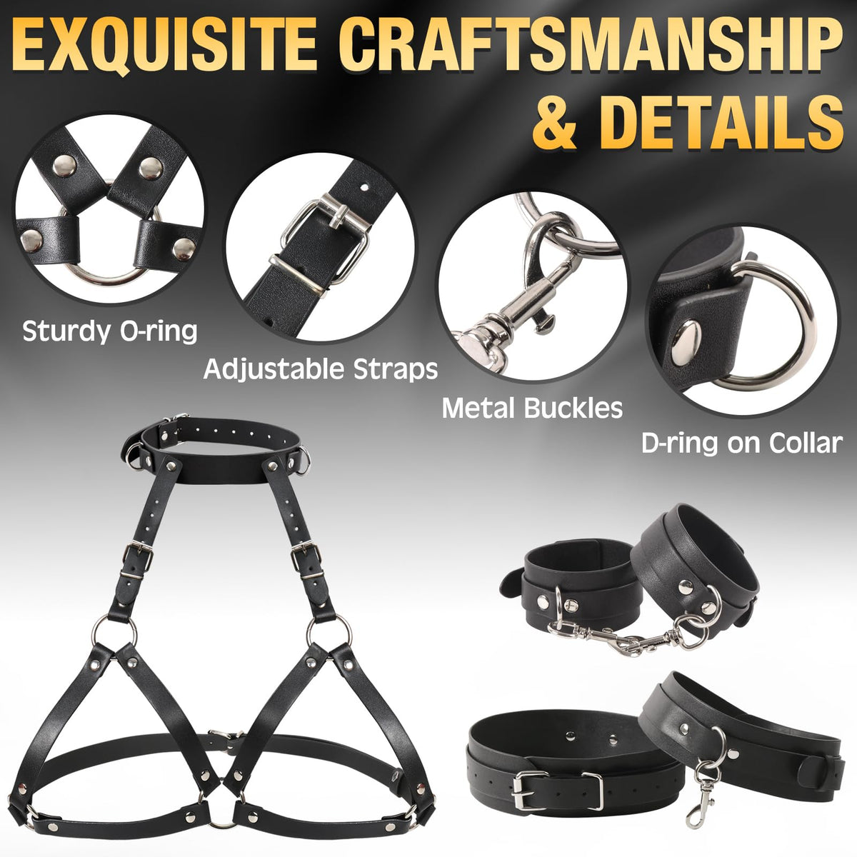 BDSM Bondage Set Leather Harness with Handcuffs & Thigh Cuffs Neck-to-Thigh – Black