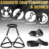 BDSM Bondage Set Leather Harness with Handcuffs & Thigh Cuffs Neck-to-Thigh – Black