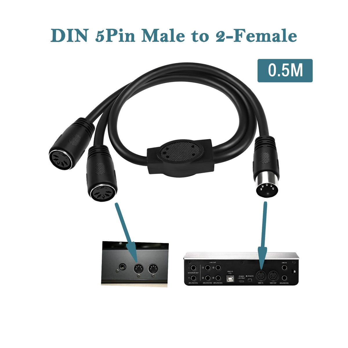 MEIRIYFA MIDI DIN 5-Pin Splitter Y Adapter Cable, Din 5-Pin Male to Dual 2x Female Audio MIDI Adapter Extension Cable for MIDI Keyboard, E-Piano, MIDI Guitar - 0.5M