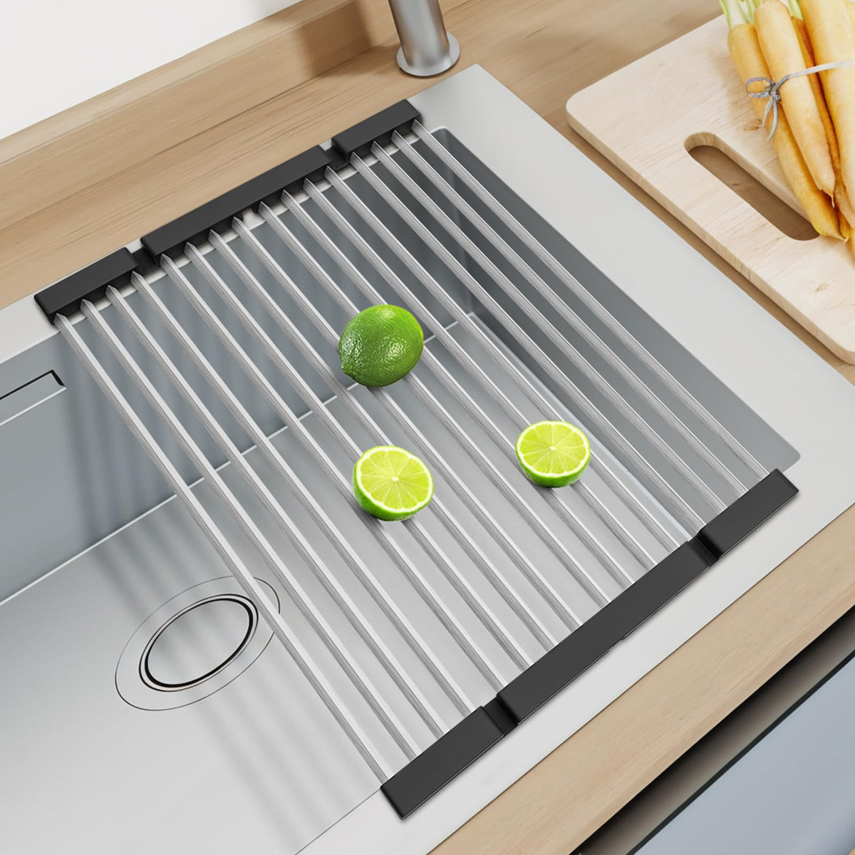 Scurgător pliabil de vase pentru chiuvetă din inox și silicon – Argintiu