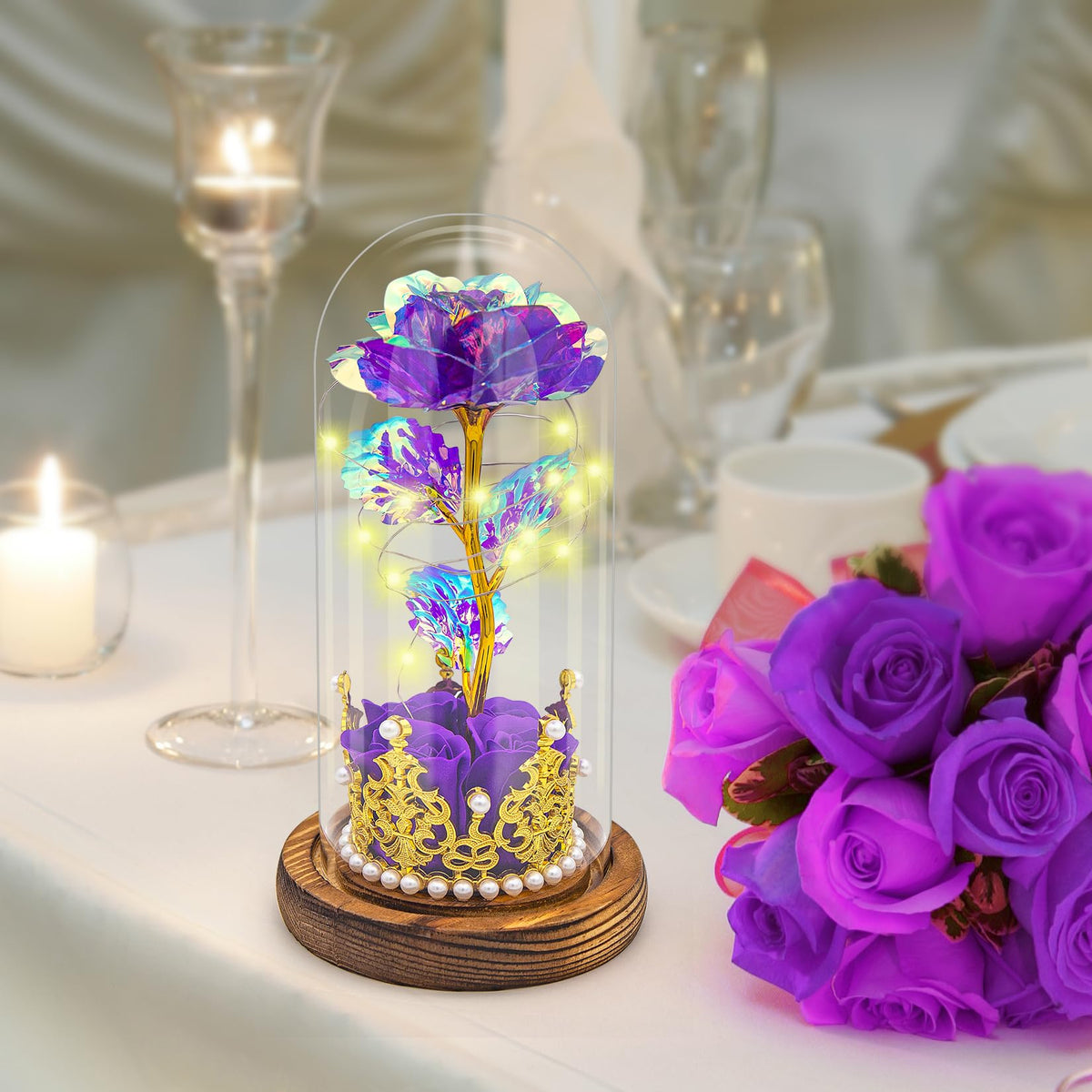 Hemiro Eternal Rose in a Glass, Mother's Day Gifts for Mom, Rose in a Glass with LED in a Glass Dome, Gifts for Women, Mom, Grandma, Girlfriend (Purple)