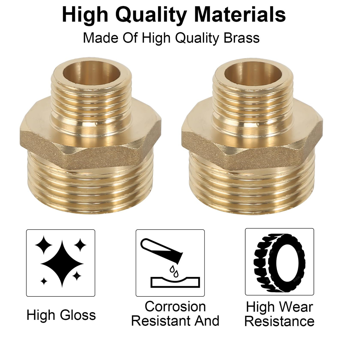 Double nipple reduced 1 inch to 1/2 inch, 2 pieces brass reducing nipple AG/AG connector external thread to external thread for heating drinking water system suitable