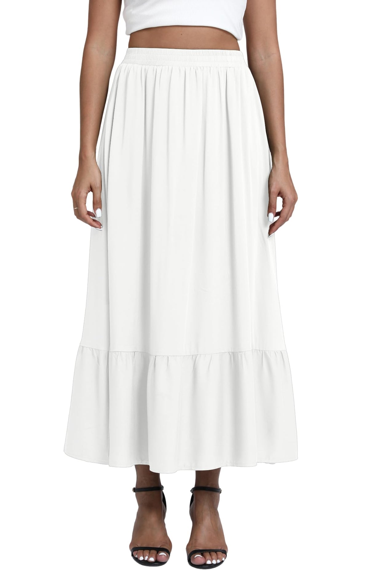 Women's Boho Ruffled A-Line Maxi Skirt Elastic Waist with Pockets – White S