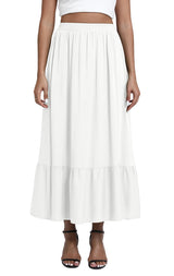 Women's Boho Ruffled A-Line Maxi Skirt Elastic Waist with Pockets – White S