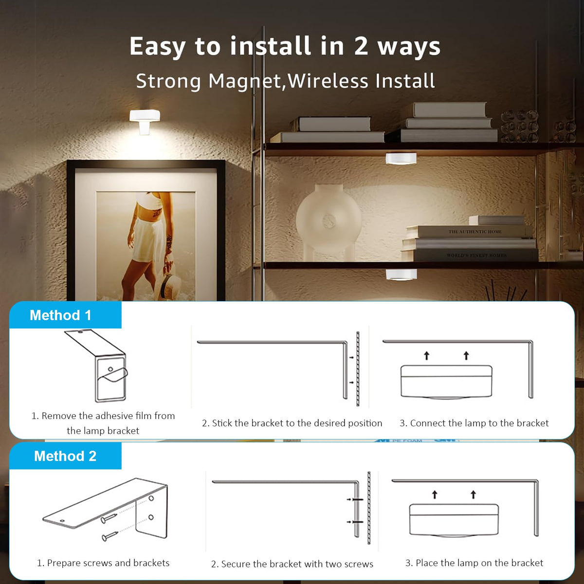 Lămpi spot LED magnetice reîncărcabile cu telecomandă și timer pentru tablouri, set 2 bucăți – Alb