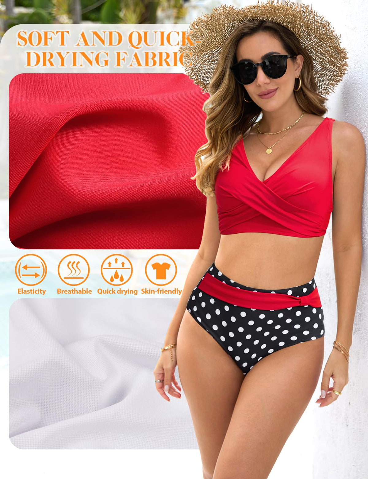 UMIPUBO Bikini Women's Set Tummy Control Large Breasts High Waist Push Up Bikinis Crossed V Neck Sexy Swimwear Tummy Control Swimsuit Beach Bikini (Red, XL)
