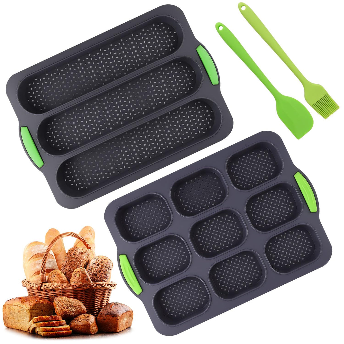 Silicone Baguette Baking Pan Non-Stick 3 & 9 Slots with Spatula and Oil Brush – 2 pcs
