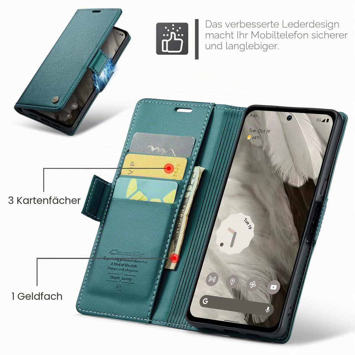 PU Leather Wallet Case for Google Pixel 8 RFID Protection Magnetic Stand – Blue Green