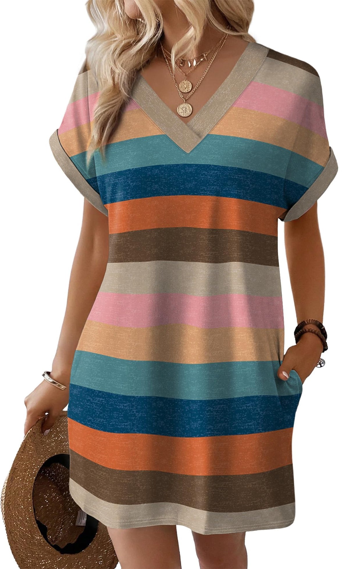Women's Short Sleeve Beach Dress Colour Block Stripes – M