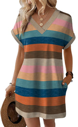 Women's Short Sleeve Beach Dress Colour Block Stripes – M