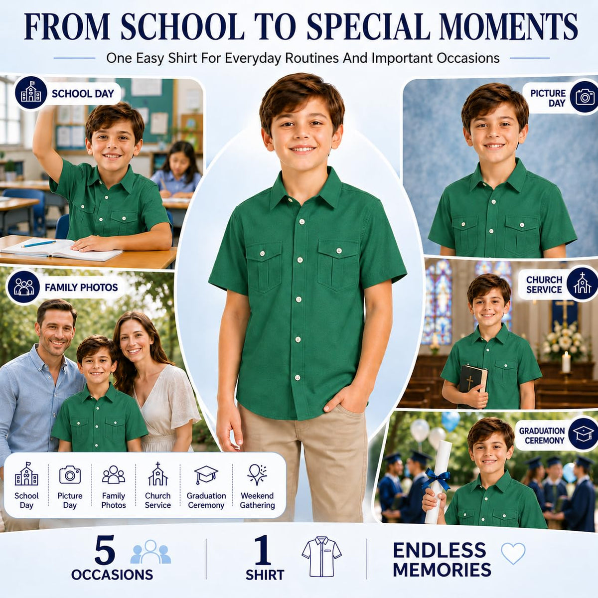 Boys' School Shirt Short-Sleeve Button Placket – Dark Green 12