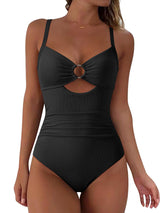 Wrap-Style V-Neck Tummy Control One-Piece Swimsuit with O-Ring Cutouts – Black XL