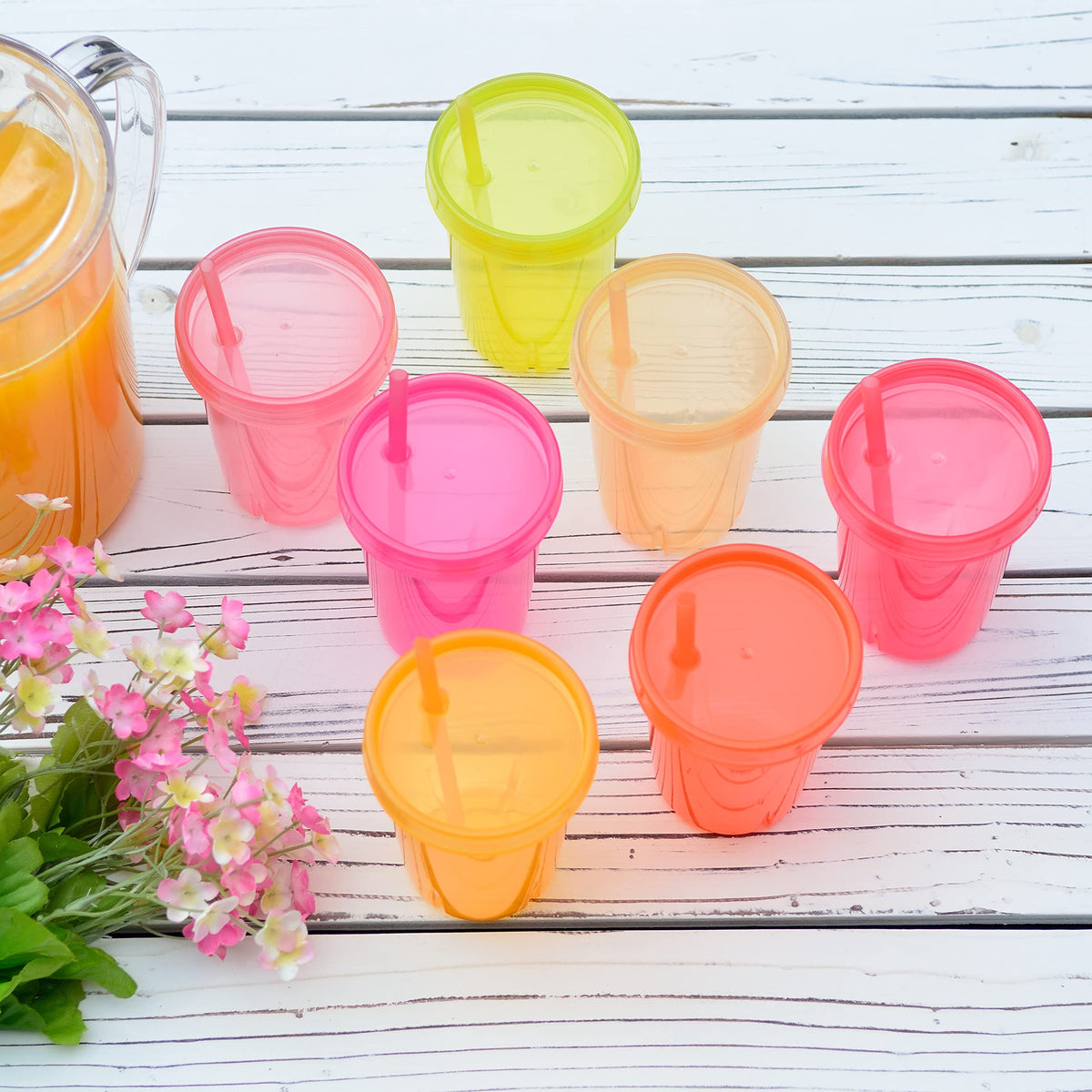 Youngever 7 Pack Kids Cups with Straw, 7 Reusable Plastic Toddler Cups with Lid Straw (Pink)