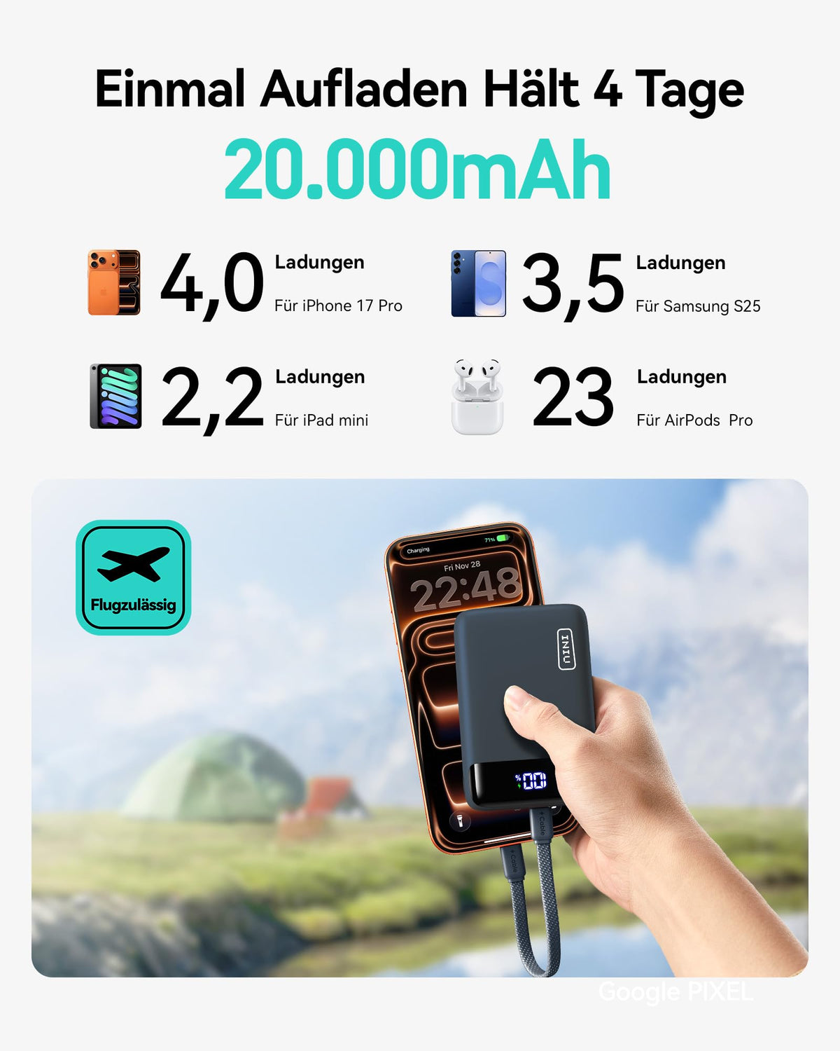 INIU Power Bank 20000mAh 22.5W Fast Charge Mini Portable Charger - Blue
