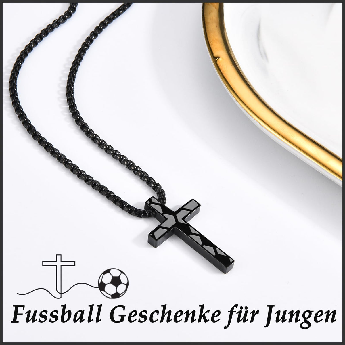 Lănțișor cu pandantiv cruce și minge de fotbal din inox pentru băieți – Argintiu