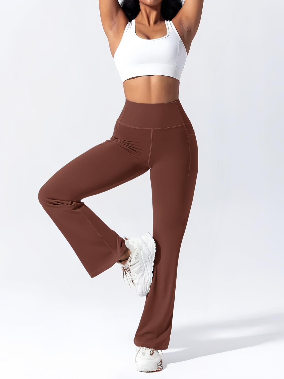 Pantaloni de yoga evazați damă cu talie înaltă modelatoare și buzunare