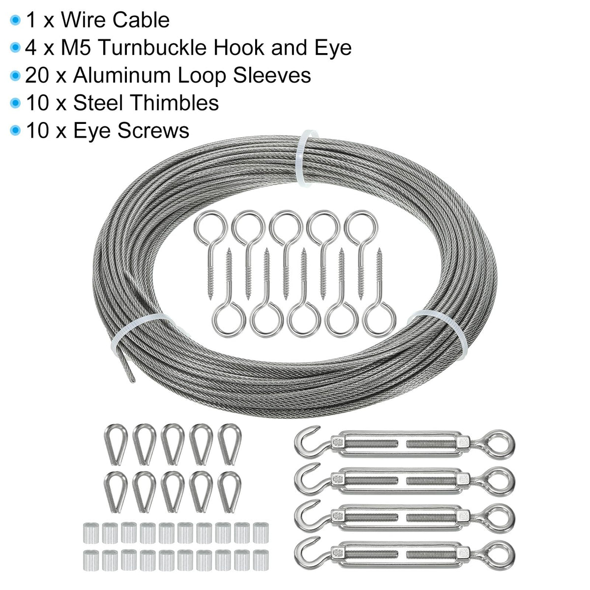 Stainless Steel Cable Set 5/64in with M5 Turnbuckle Hook & Eye – 100ft