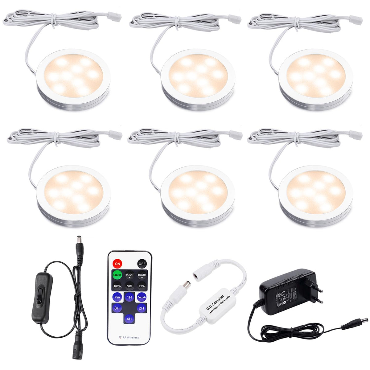 Set 6 lămpi LED rotunde sub dulap bucătărie AIBOO cu telecomandă reglabilă 12W 230V – Lumină caldă 2700K