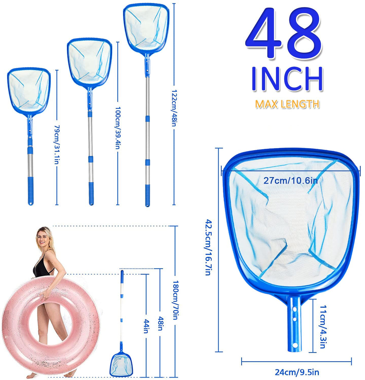 Pool net with telescopic pole | Pool cleaning pool cleaning set leaf net fine mesh pool net | Pool cleaner with telescopic pole for cleaning swimming pool whirlpool spa fountain