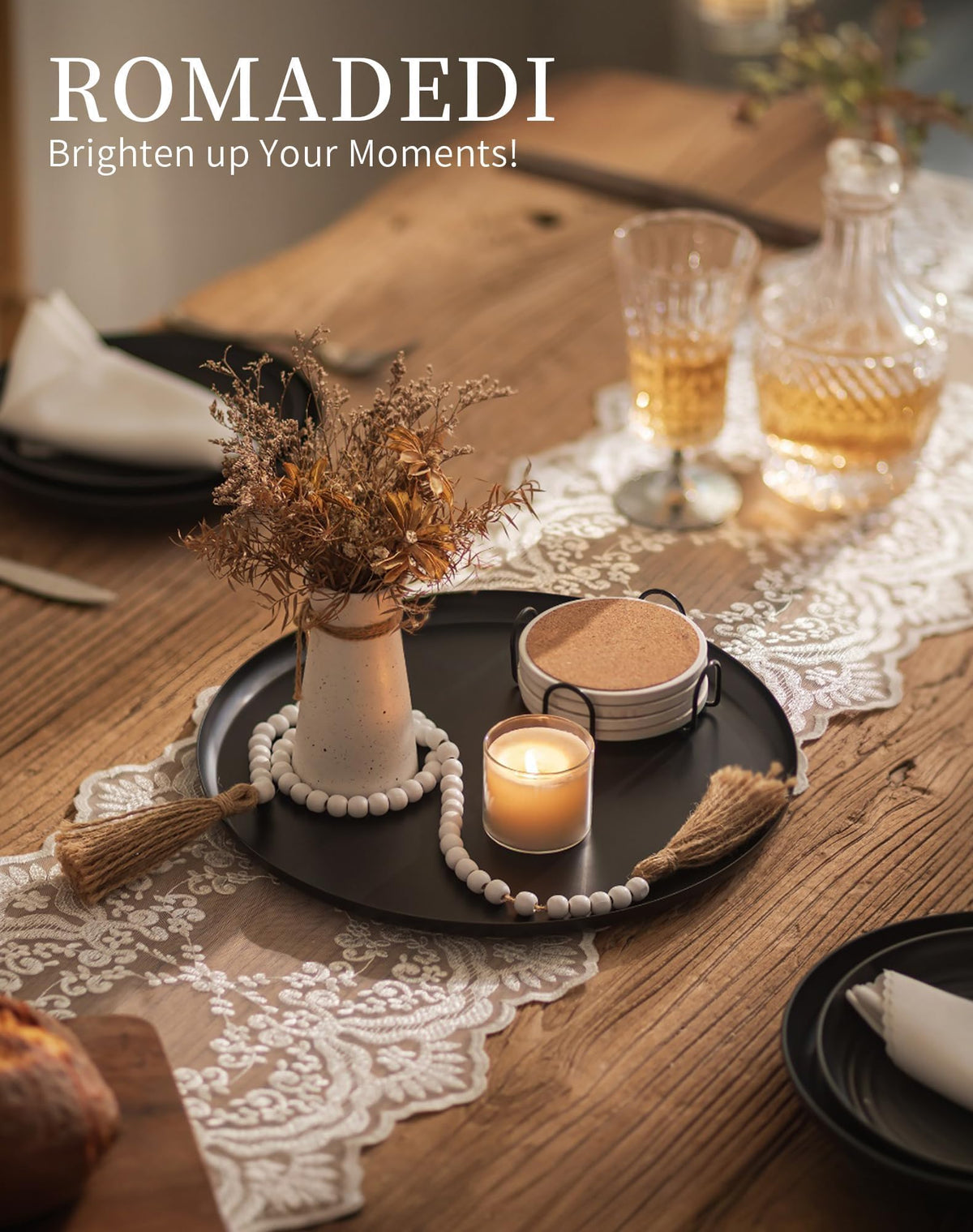 Round Decorative Metal Tray 32cm Serving Candle Table Tray – Black