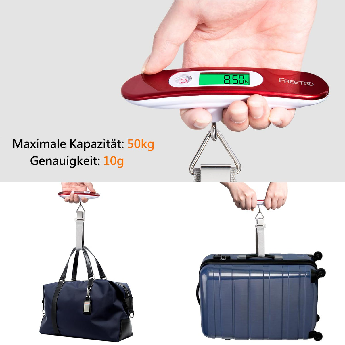 [Digital Luggage Scale] FREETOO Luggage Scale Portable Hanging Scale LCD Display with Backlight Tare Function Practical for Travel/Family Life up to 50KG (Red)