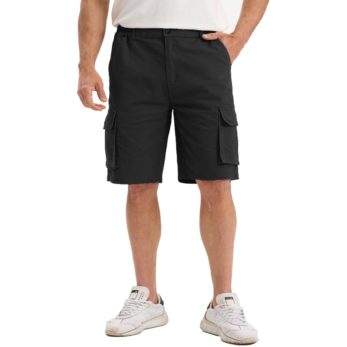 Men’s Cargo Shorts Cotton Chino Elastic Waist Pockets – Black S