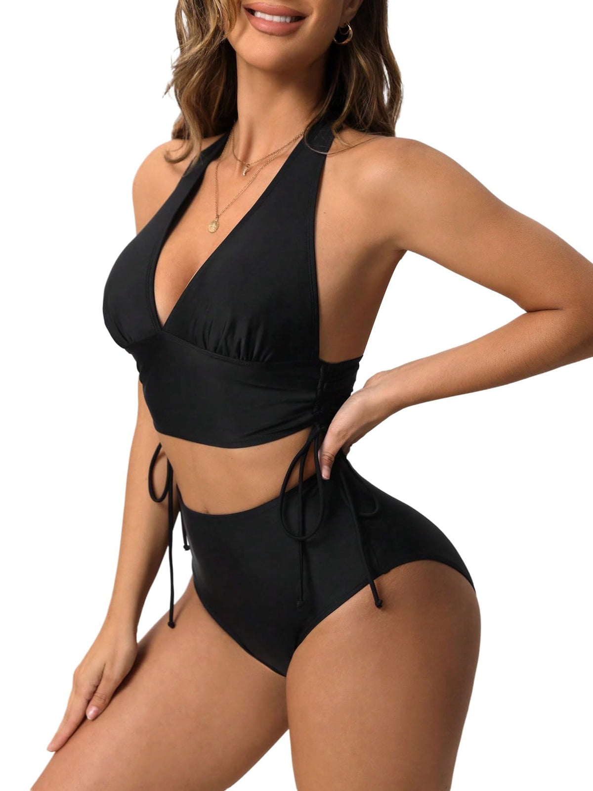 Halter 2-Piece Bikini Set Tummy Control Backless Top – Black XL