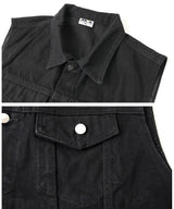 Vestă moto din denim fără mâneci bărbați închidere cu nasturi – Negru XL