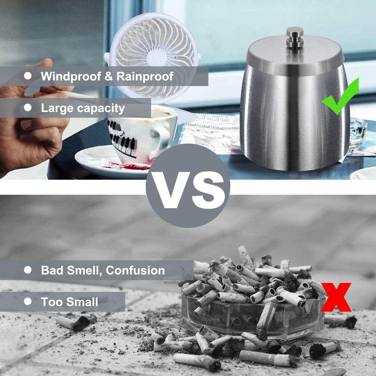 Scrumieră mare de exterior din inox cu capac antivânt – Argintiu