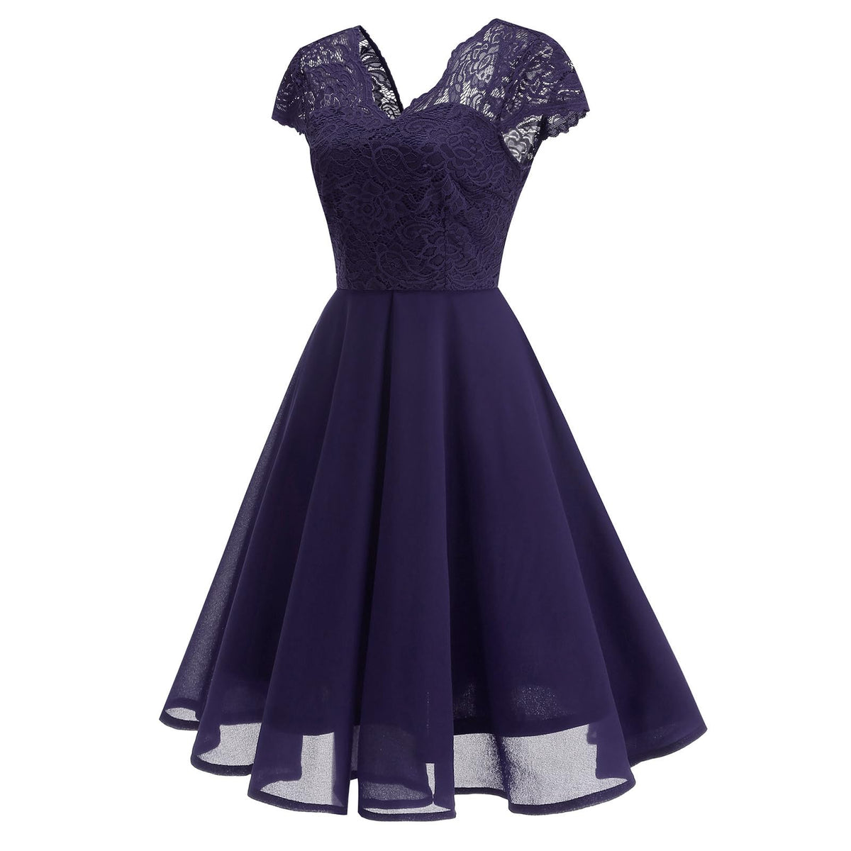 Rochie de cocktail vintage anii 1950, până la genunchi, decolteu în V, șifon și dantelă, croială cloș în A – Mov L