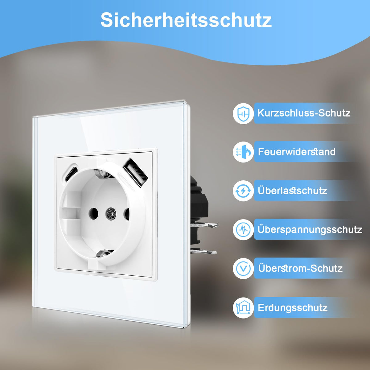 CNBINGO USB triple socket with claws - glass Schuko socket flush-mounted with USB connection - 1× (Type-C and USB-A Max.2.1 Amp) - triple white wall socket with child safety lock - JFGM1