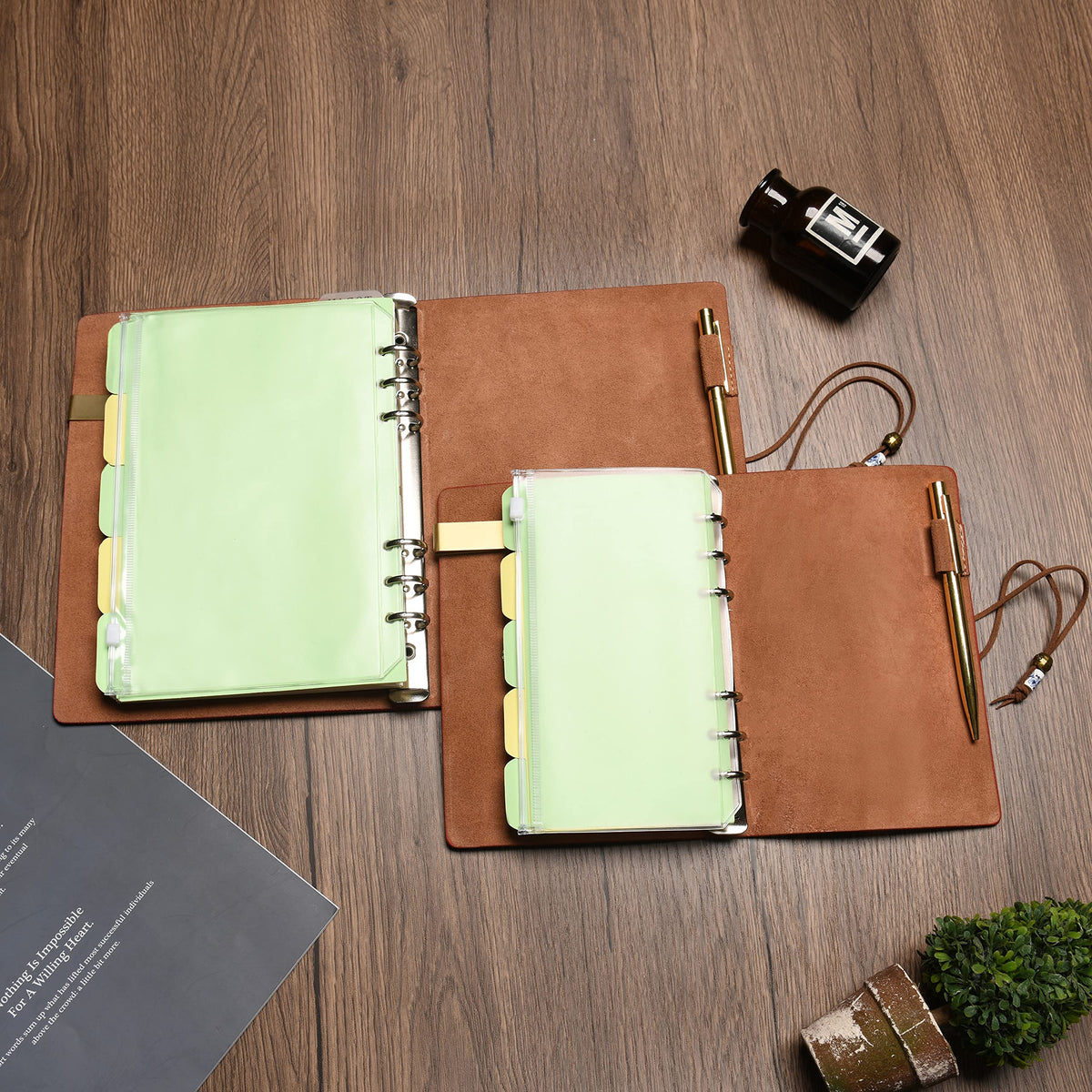 Wonderpool Leather A6 Diary Notebook Ring Binder with Pen - Refillable Folder Writing Paper Spiral Business Notepads Vintage Cover for Office Travel Personal Organizer (a-Wine Red, A6)