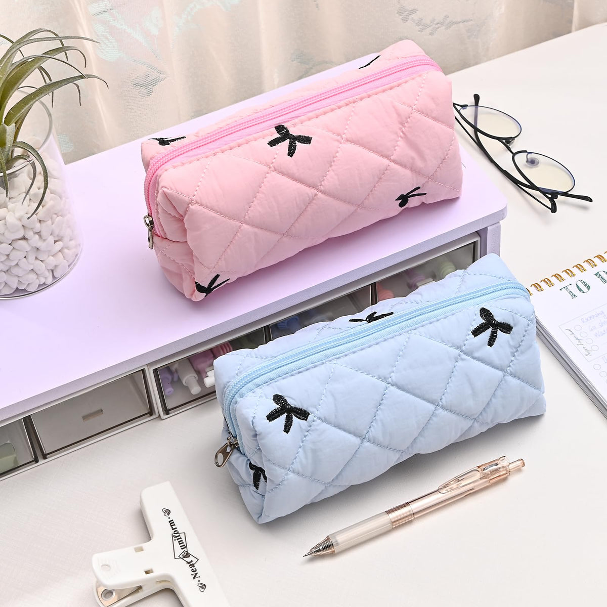Floral Pencil Case Makeup Pouch Smooth Zipper Small Floral Design – Blue