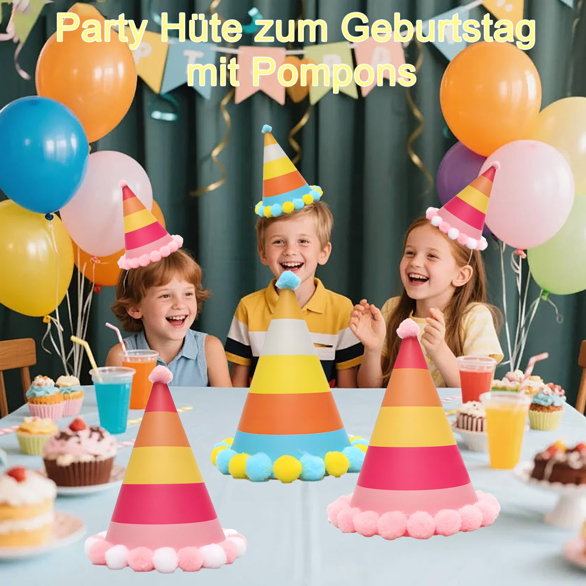 Party Hats 12-Pack Pom-Pom Birthday Celebration Party Decoration – Colourful