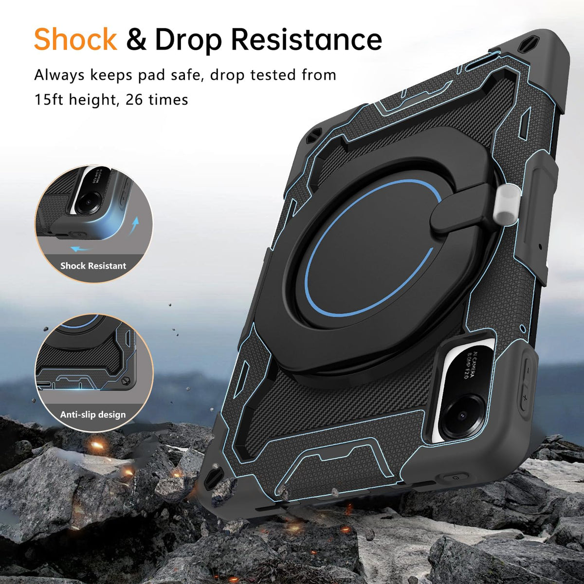 Xiaomi Redmi Pad 2 Case 11in Heavy Duty Shockproof with Screen Protector & 360° Rotating Stand – Black