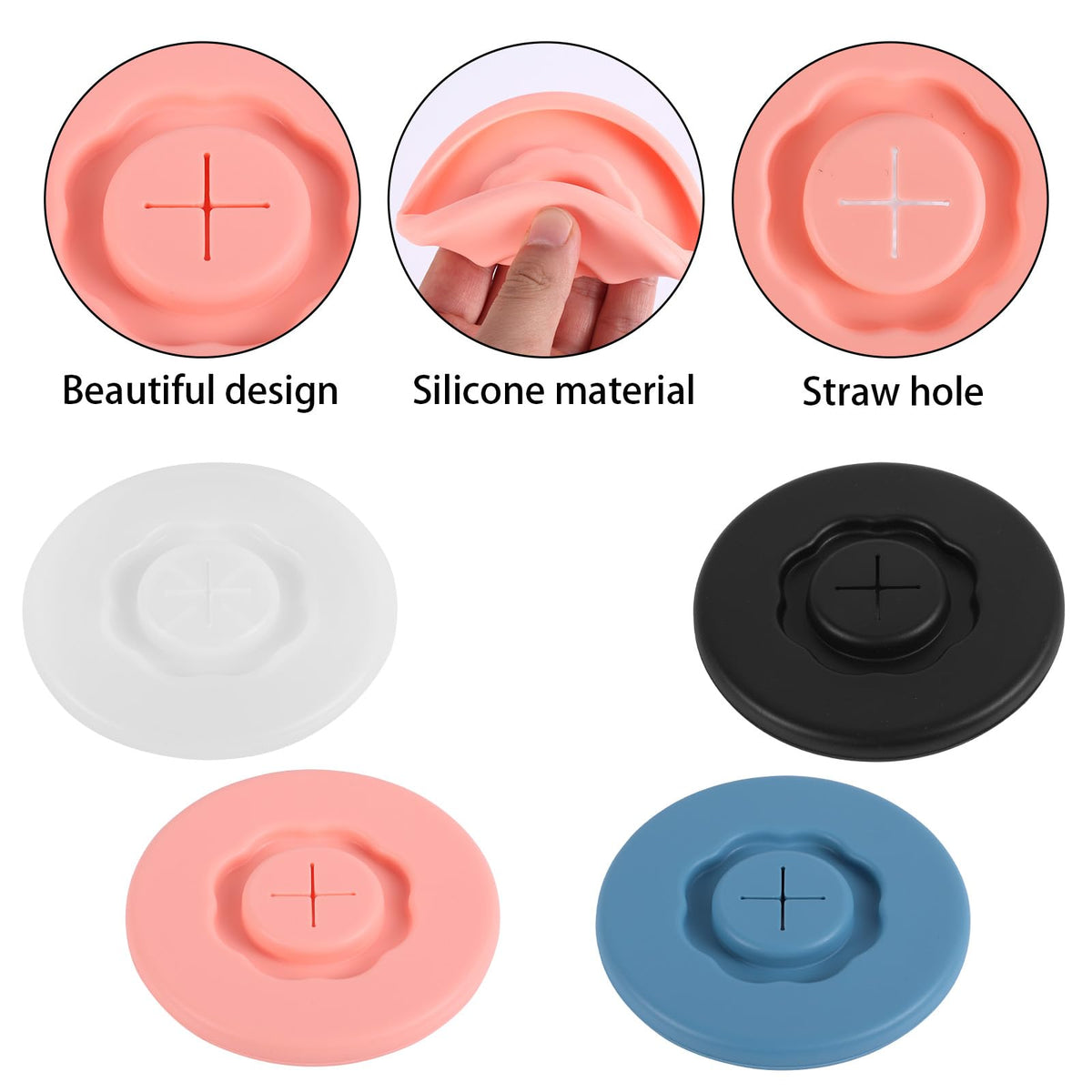 Silicone Cup Lids with Straws 4-Pack Leakproof Sealing Drink Covers - Fits Most Cups