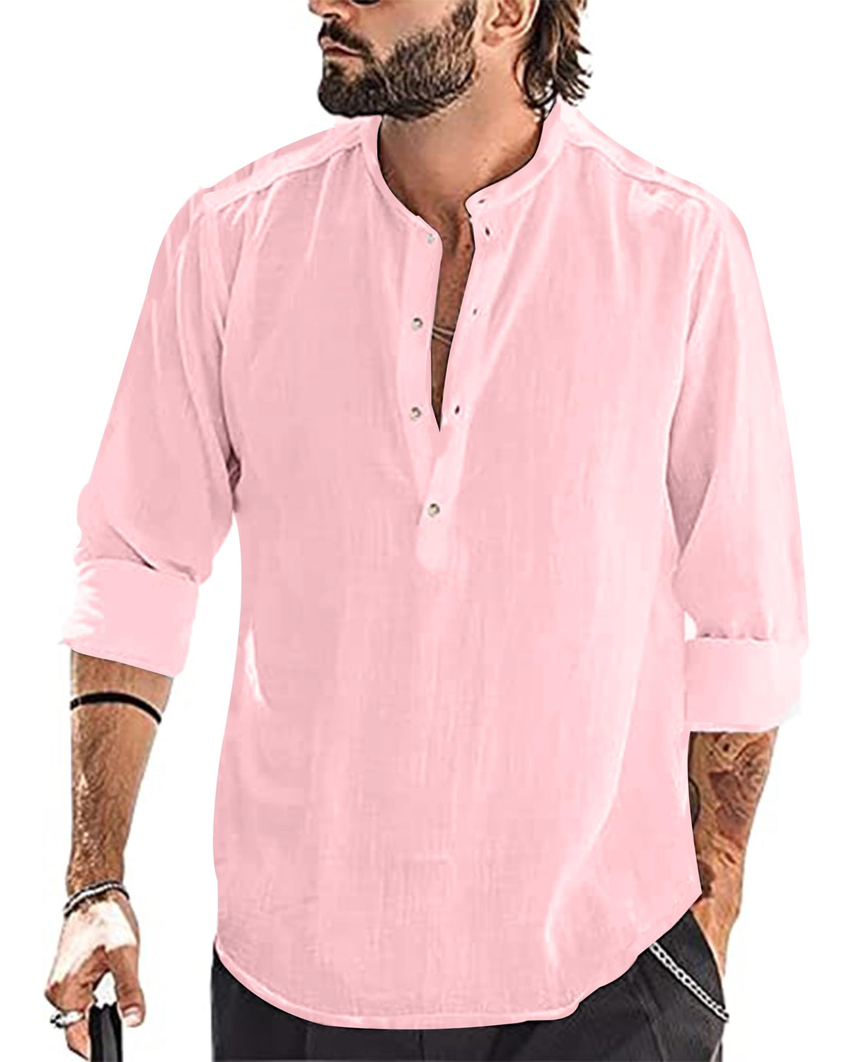 YAOBAOLE Linen Shirt Men Long Sleeve Business Shirt Men Shirt Cotton Linen Shirts Men Pink XL