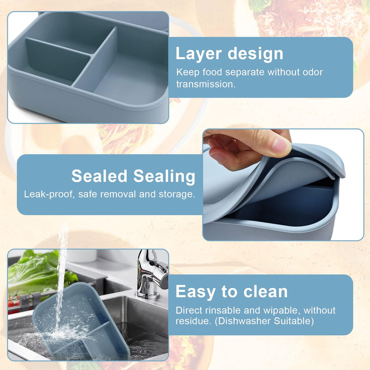 Silicone Lunch Box 800 ml 3 Compartments BPA-Free Microwave & Dishwasher Safe – Dusty Sky Blue