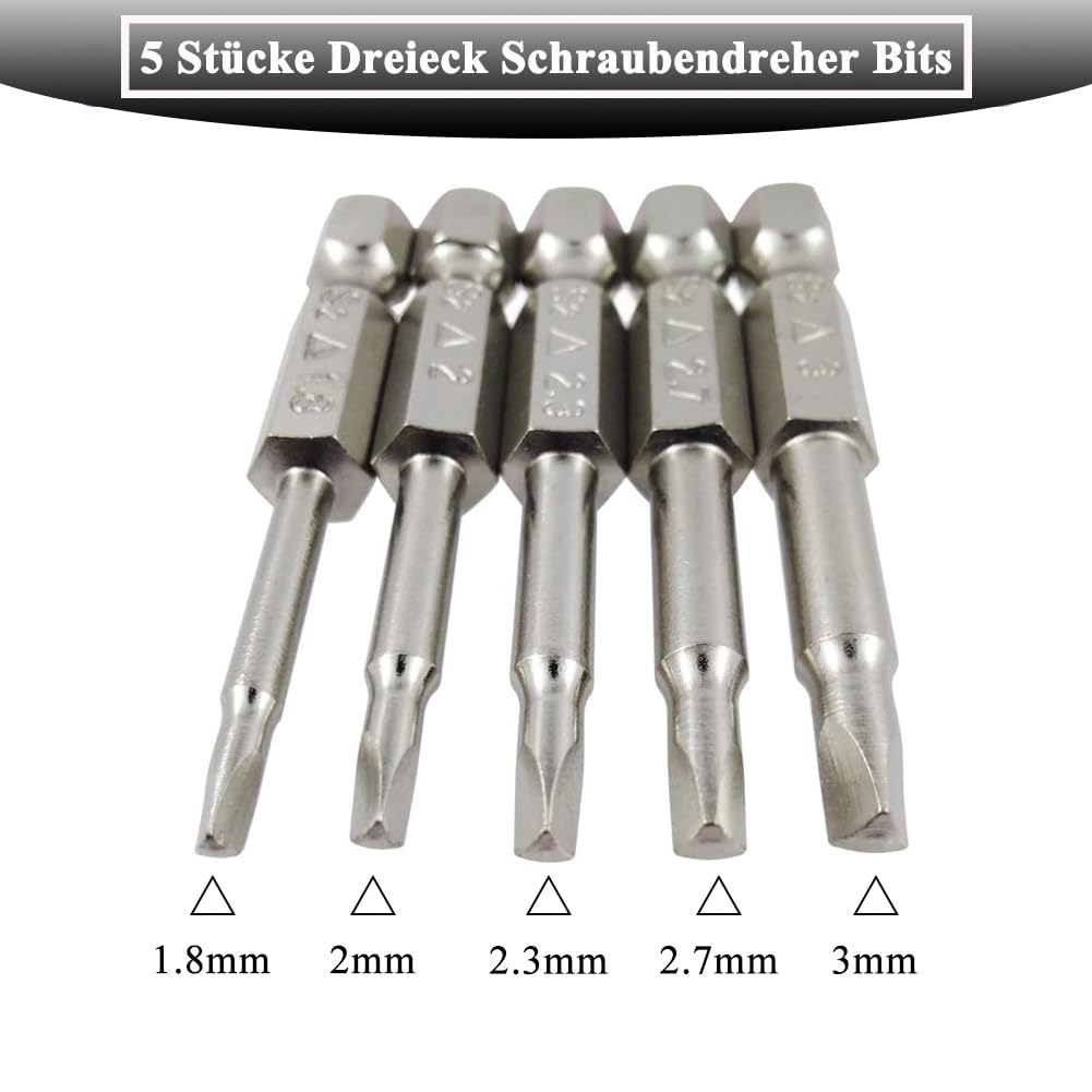 Set 5 biți triunghiulari magnetici din oțel S2 prindere hexagonală 1/4 inch lungime 50 mm