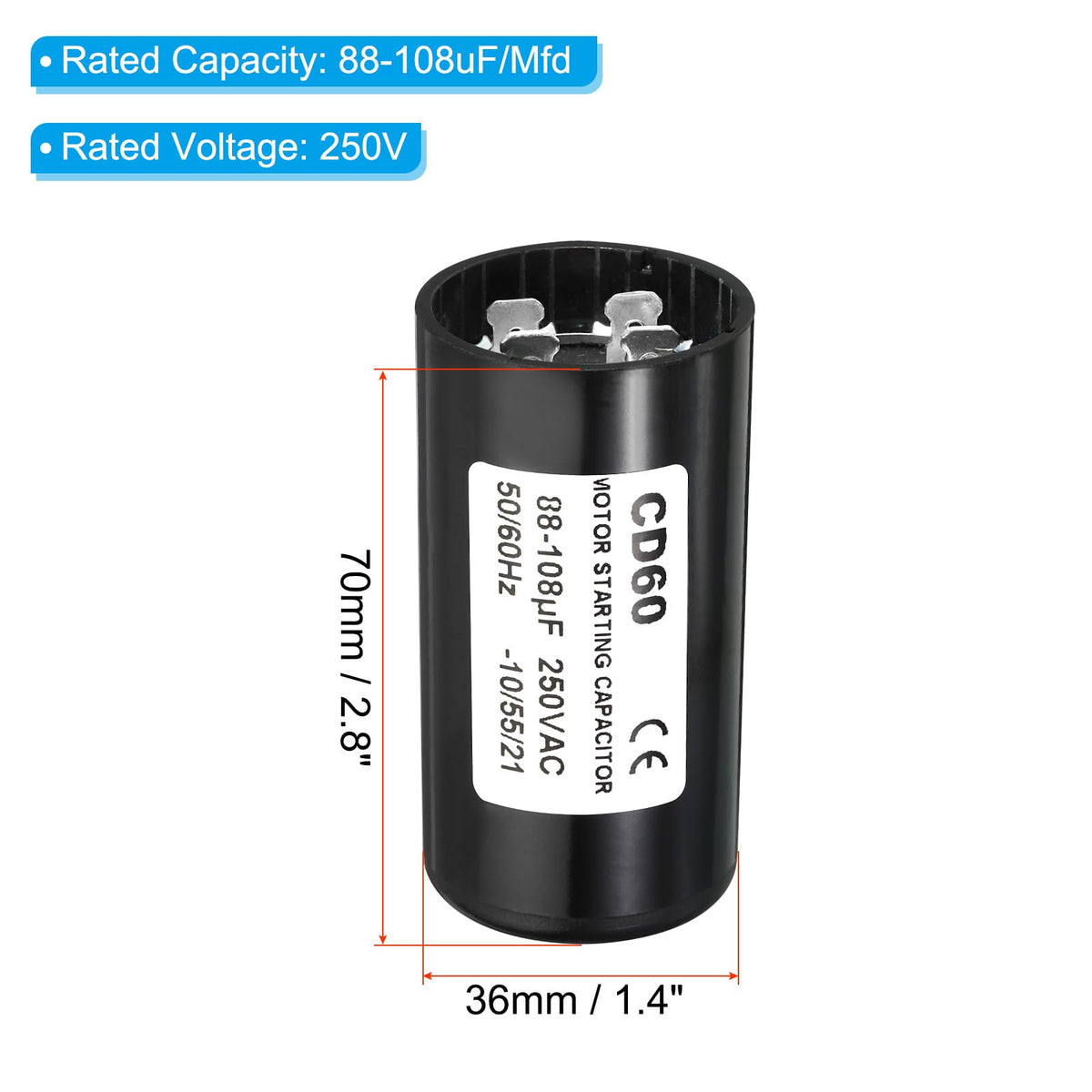 PATIKIL Motor Start Capacitor 88-108uF 250VAC – CD60