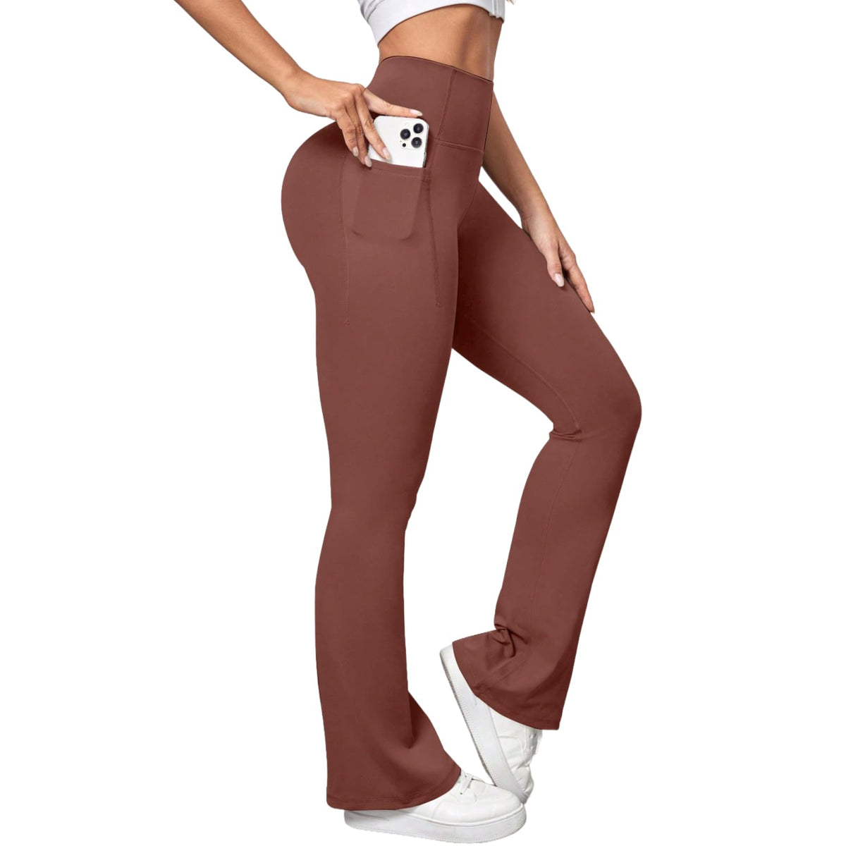 Pantaloni de yoga evazați damă cu talie înaltă modelatoare și buzunare