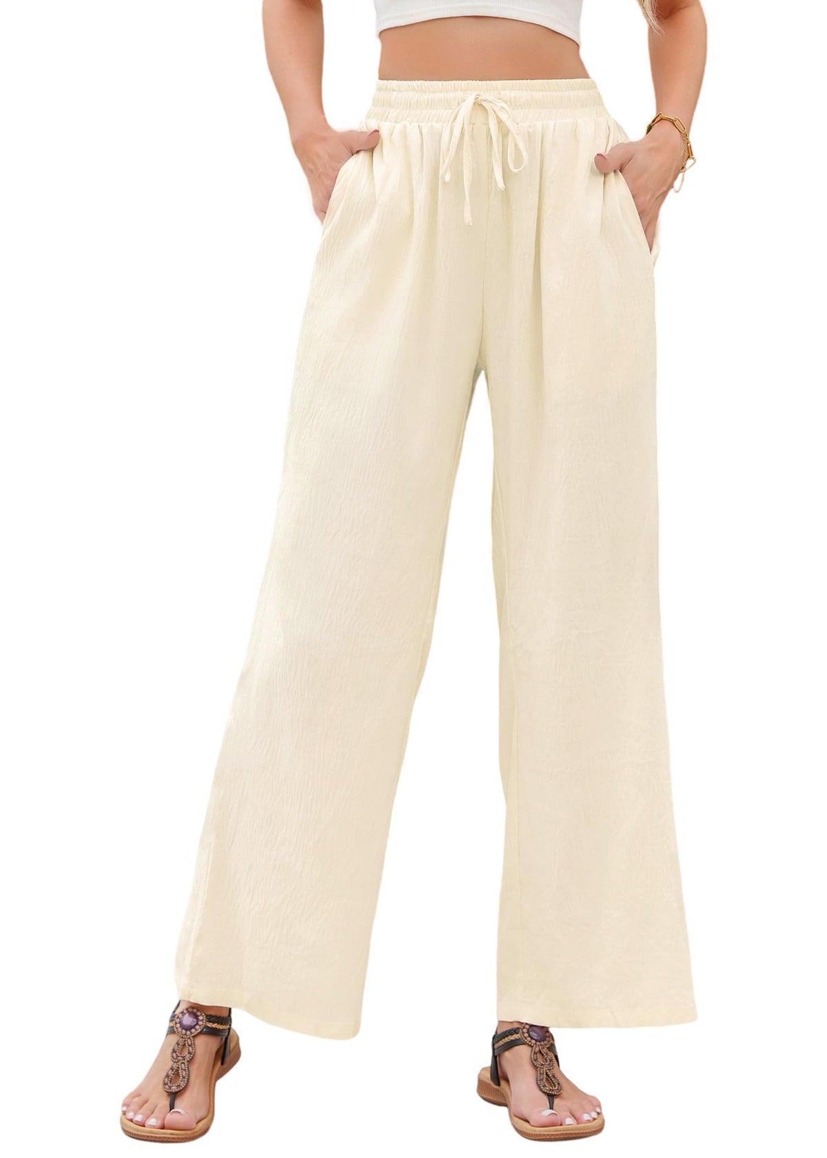 Women’s Wide Leg Palazzo Trousers Lightweight with Pockets – Beige L