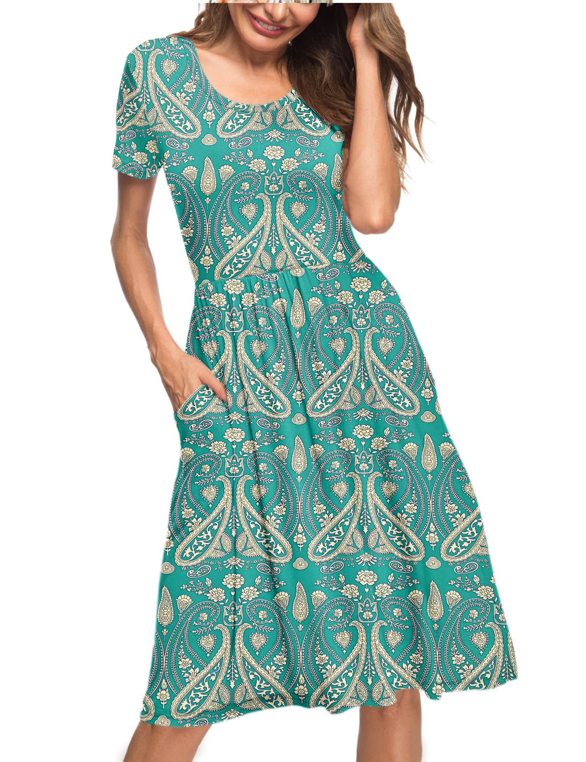 Women's Summer Dress Short Sleeve Knee-Length - Green XL
